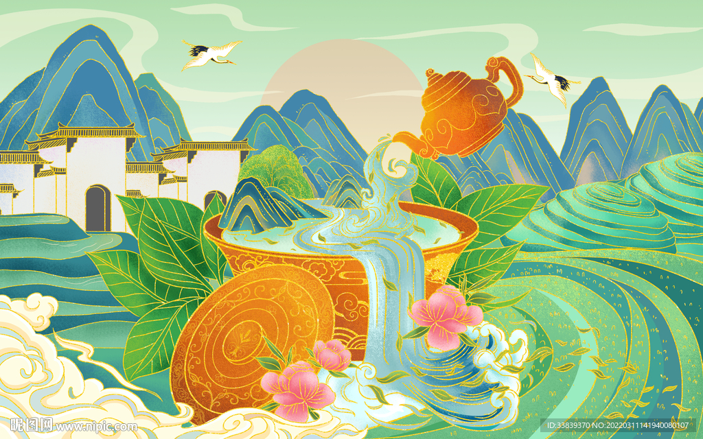 绿色春天茶叶采茶文化插画设计