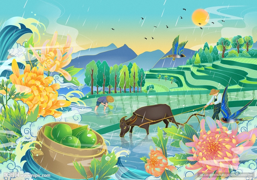 绿色国潮手绘清明插画设计