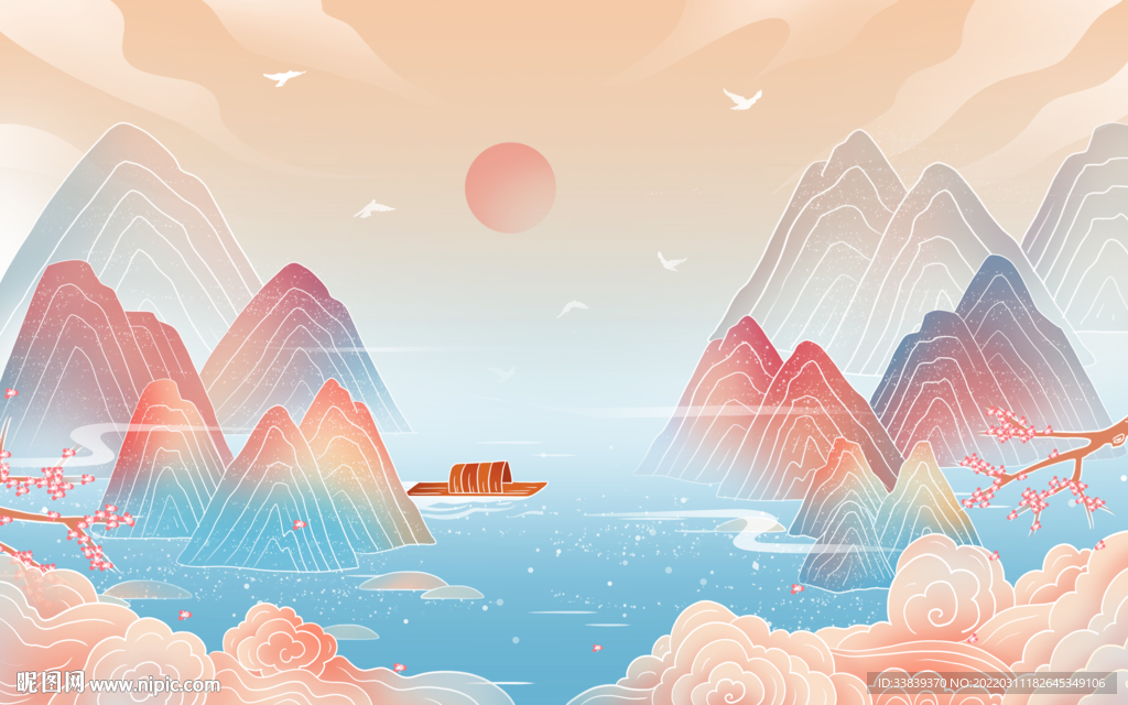 唯美国潮风古风落日插画设计背景