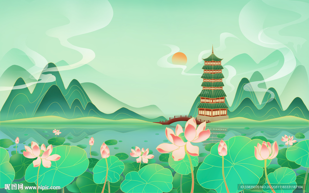 夏至节气荷花山水插画海报背景