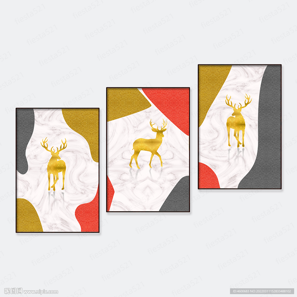 现代抽象肌理麋鹿晶瓷三联画