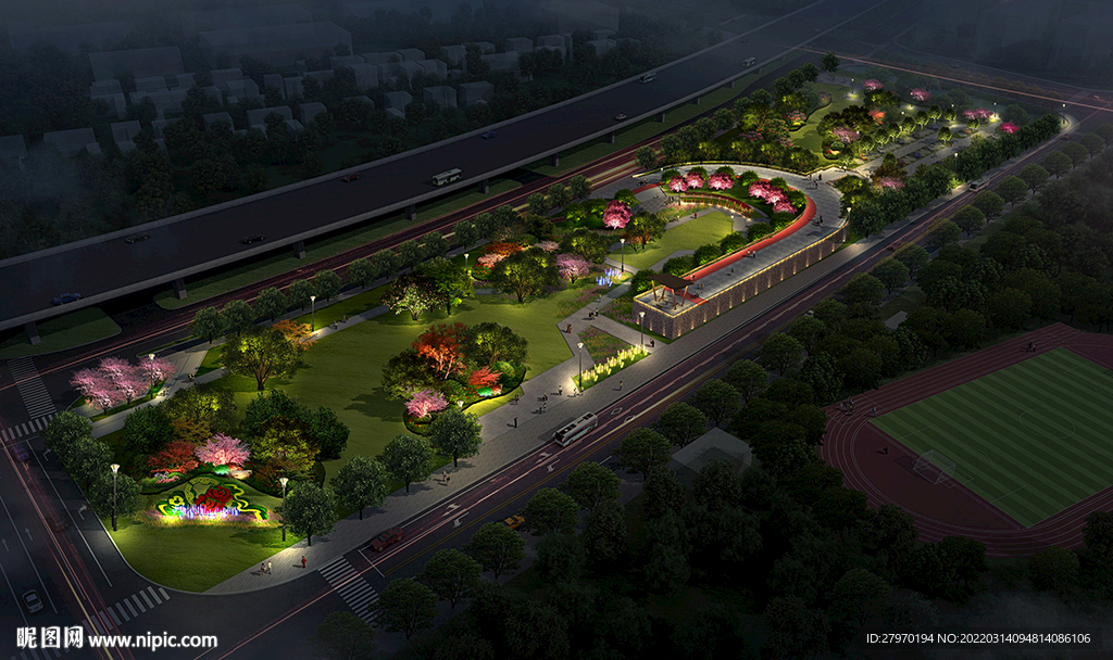 城市公园景观夜景效果图鸟瞰图