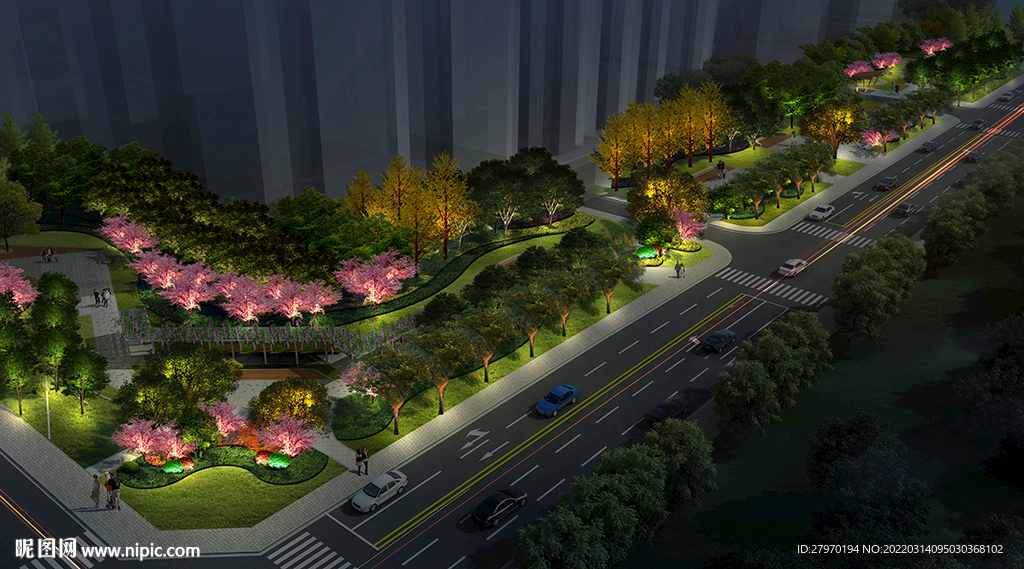 道路景观公园夜景亮化效果图