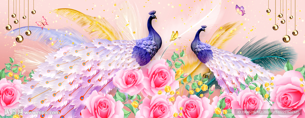 现代简约轻奢羽毛花卉孔雀装饰画