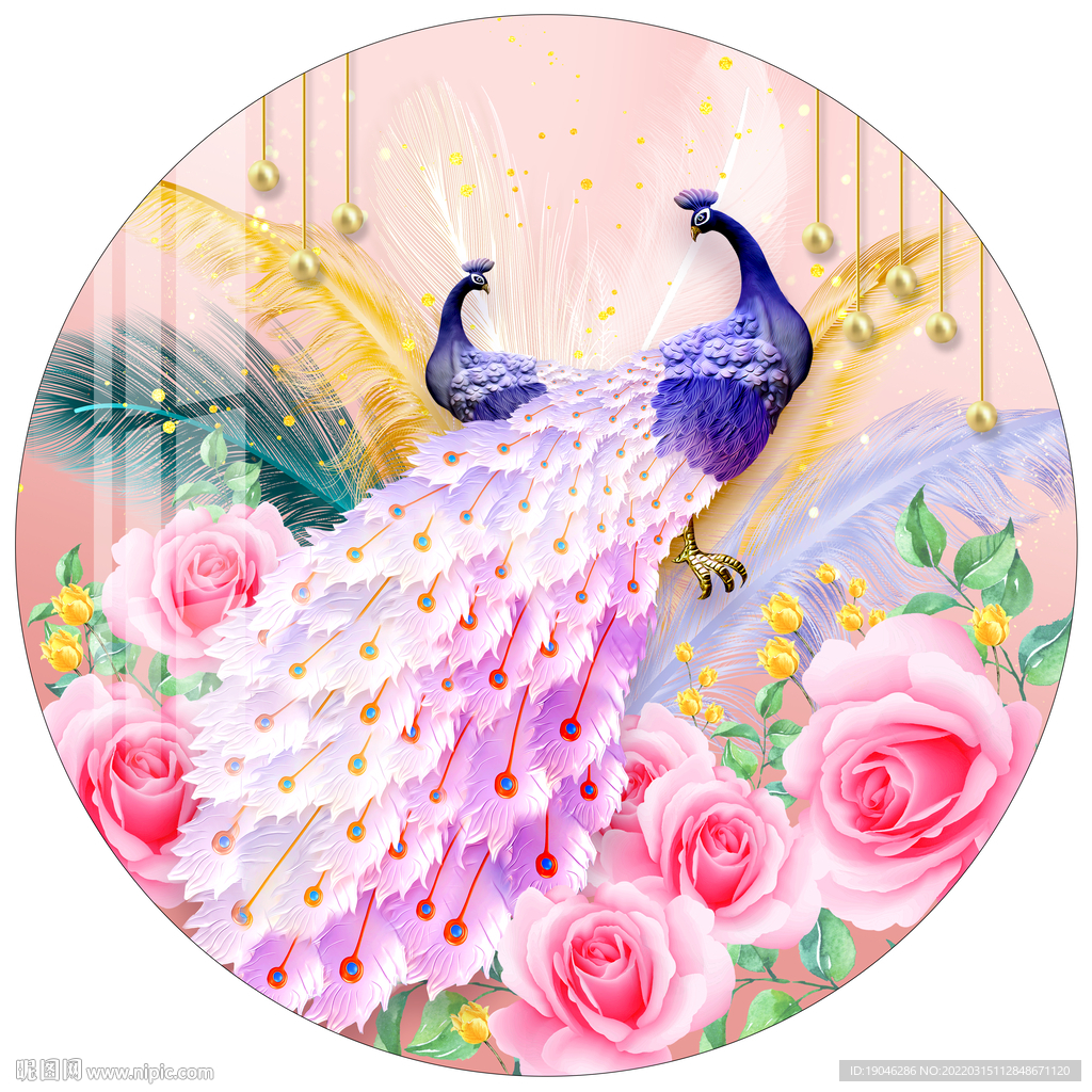 现代简约轻奢羽毛孔雀圆形装饰画