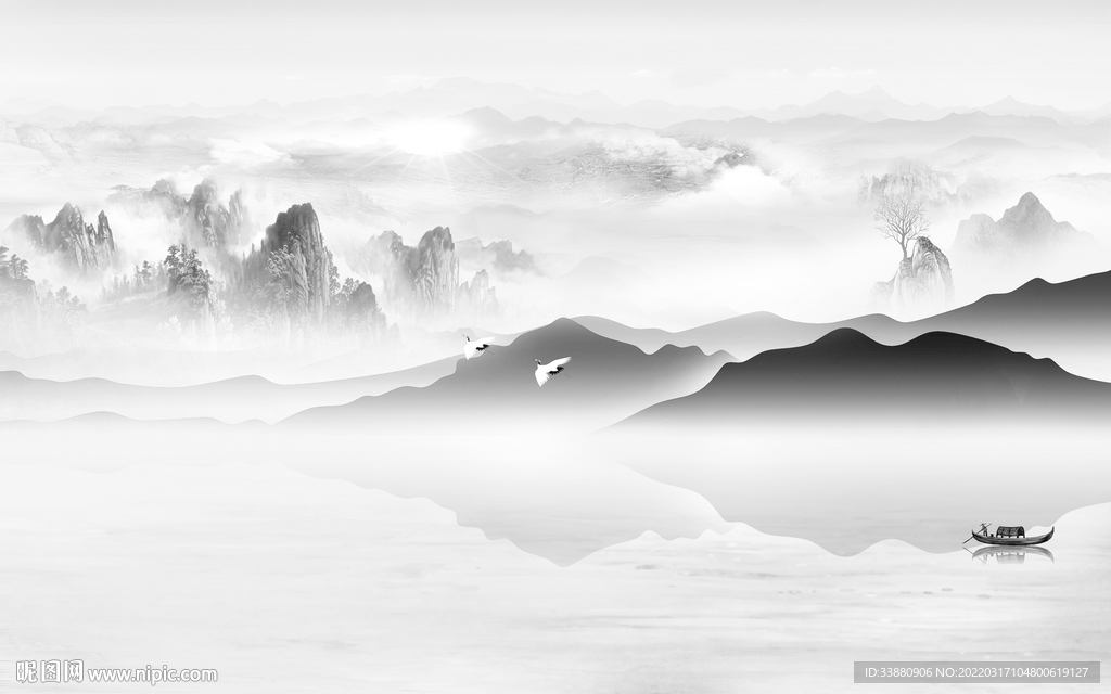 中式背景墙山水画 tif分层