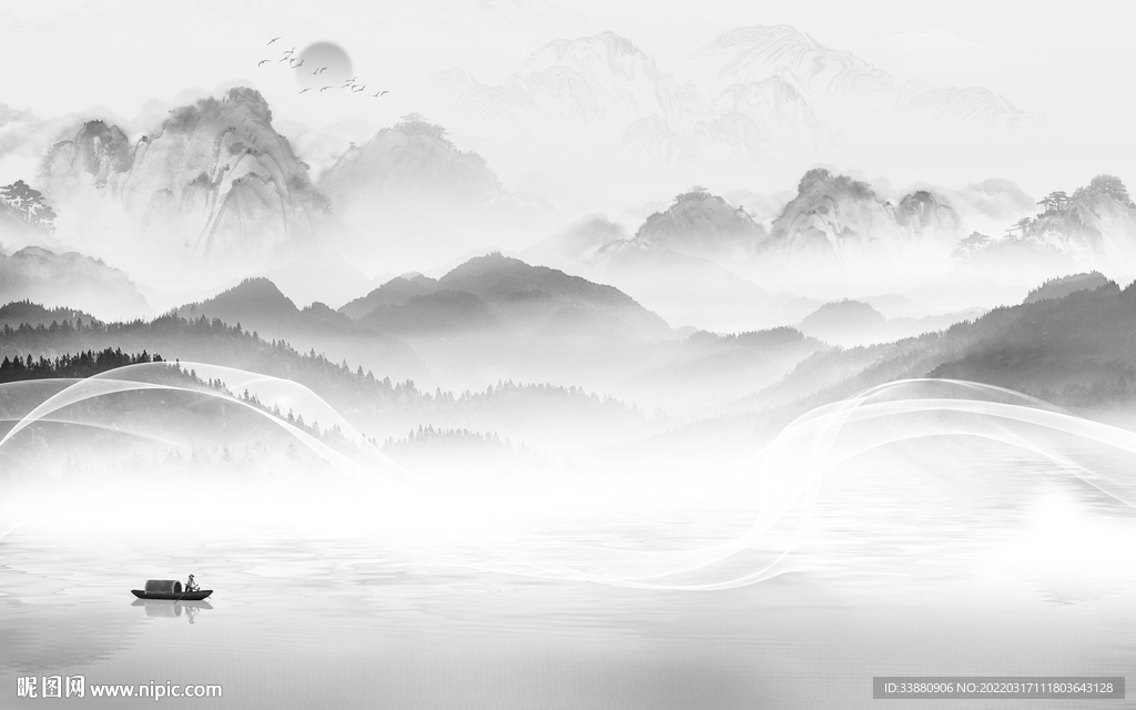 简约 背景墙山水画 tif分层