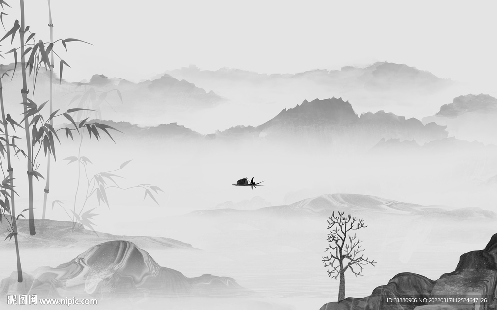 人气 山水画背景墙 tif分层