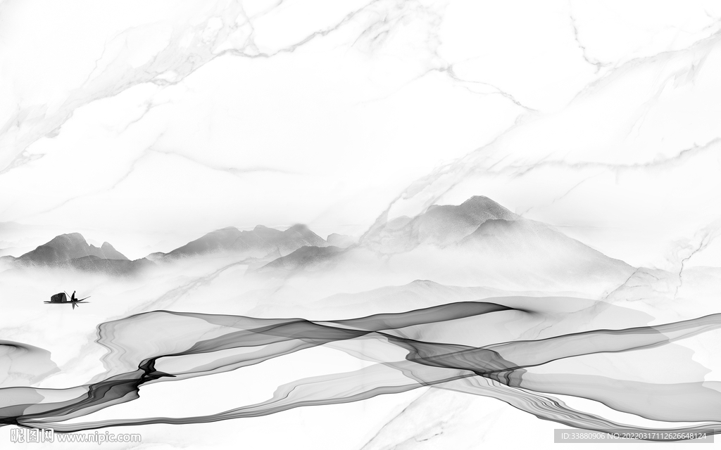 新中式山水画背景墙 tif分层