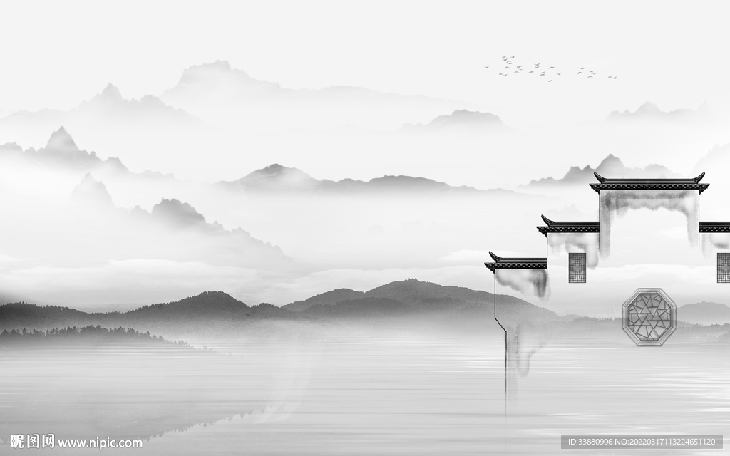 高清 山水画背景墙 tif分层