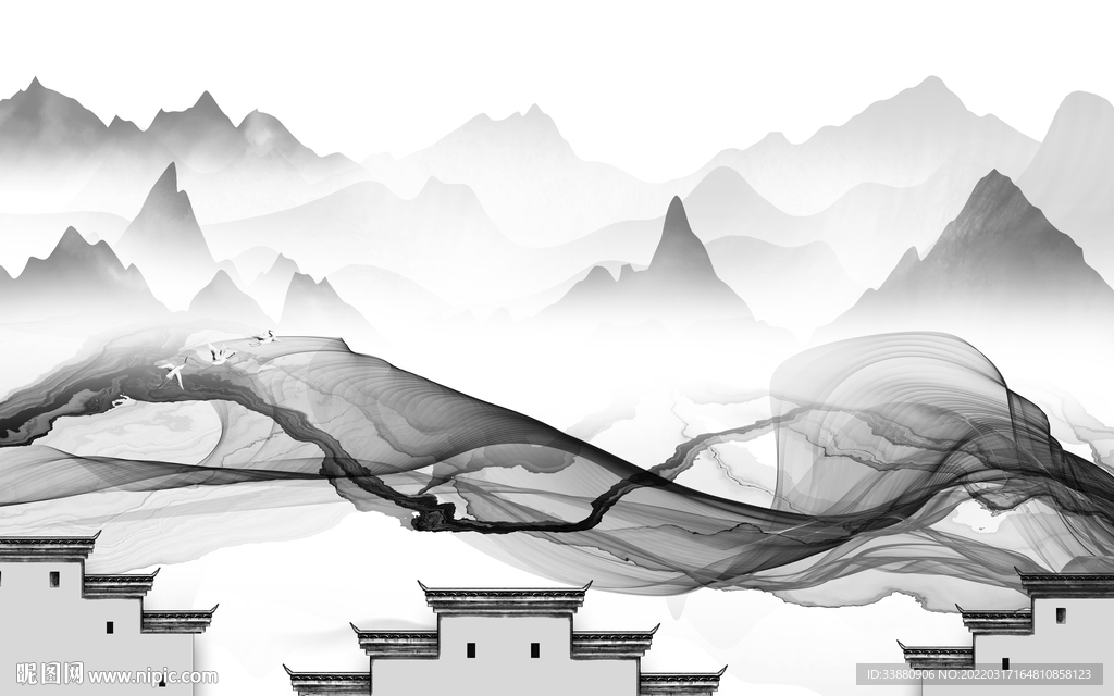 别墅背景墙山水画 tif分层