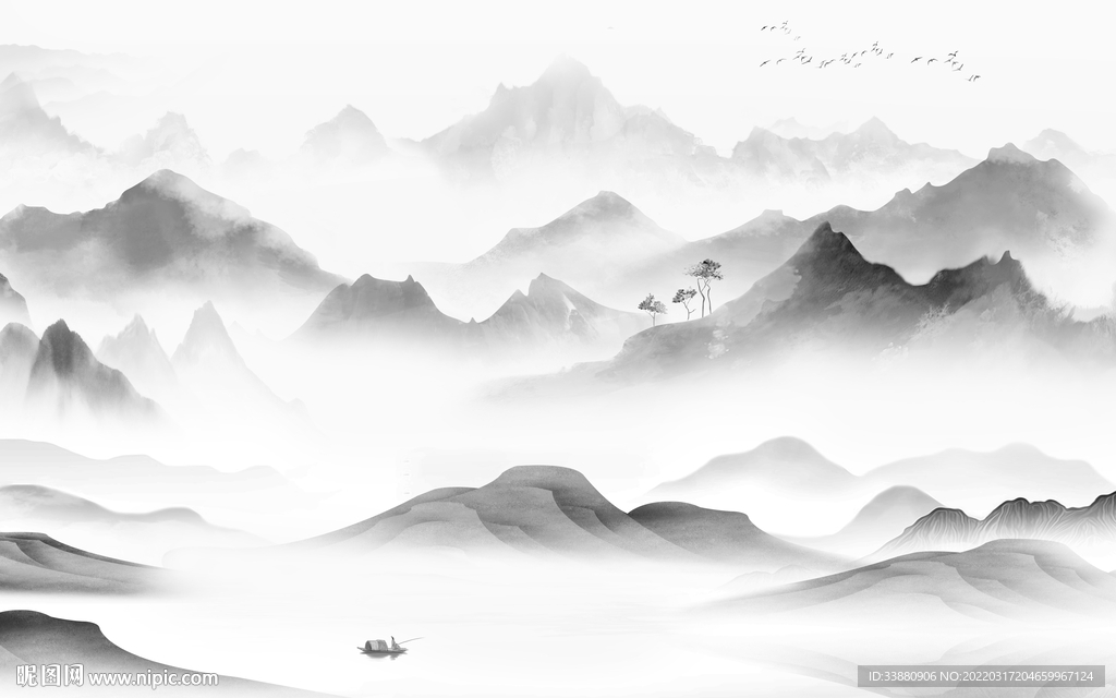 灰色现代山水新画 tif分层