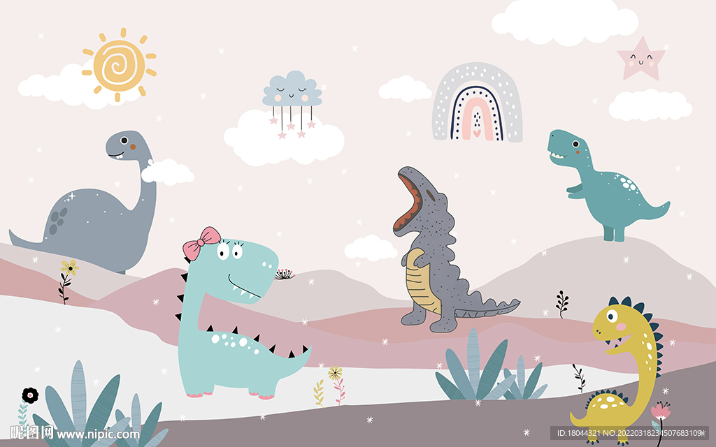 可爱卡通恐龙小清新儿童房背景墙