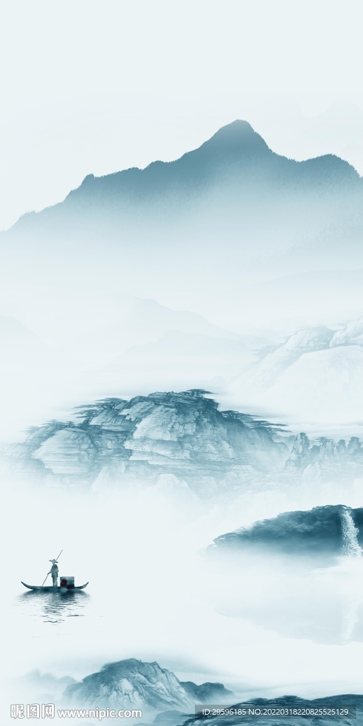 蓝色山水玄关框画 tif分层