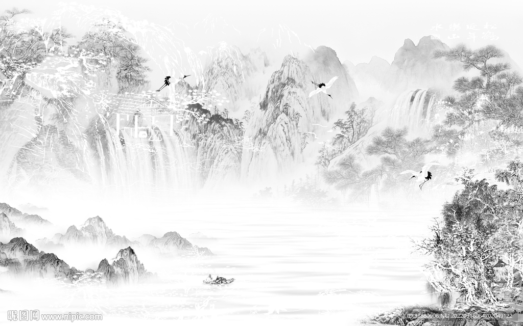 爆款灰色山水框画 tif分层