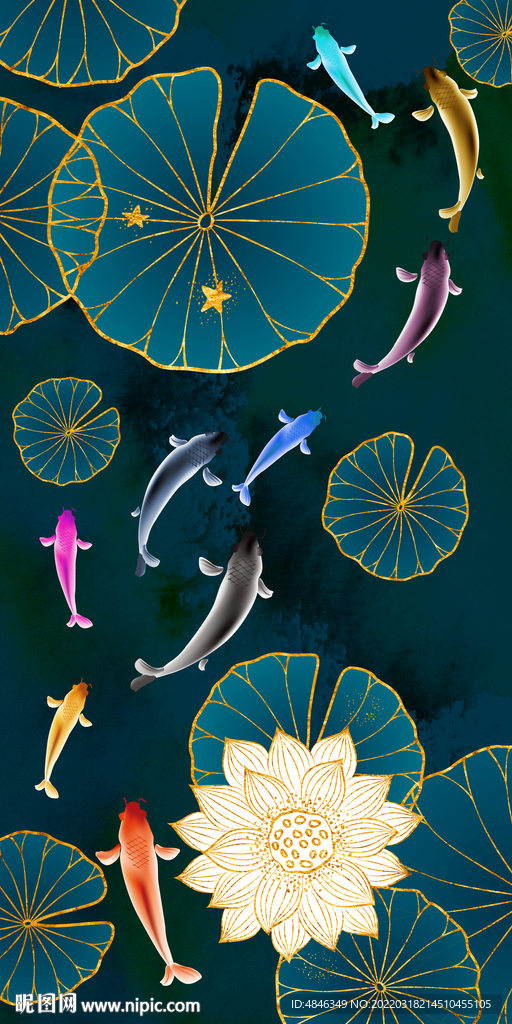 中式九鱼图荷花荷叶装饰画