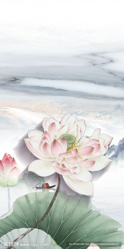 荷花山水玄关框画 tif分层