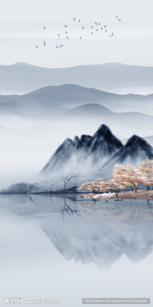 中式无框玄关山水 tif分层