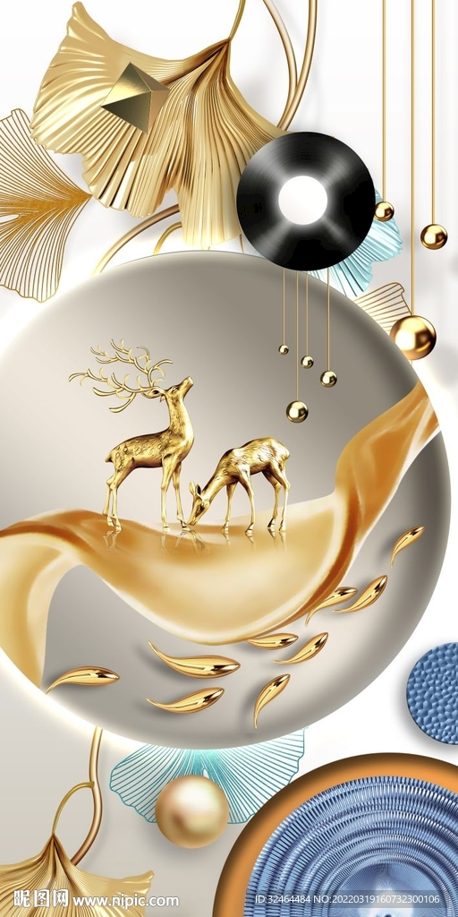 现代简约金色银杏叶麋鹿玄关