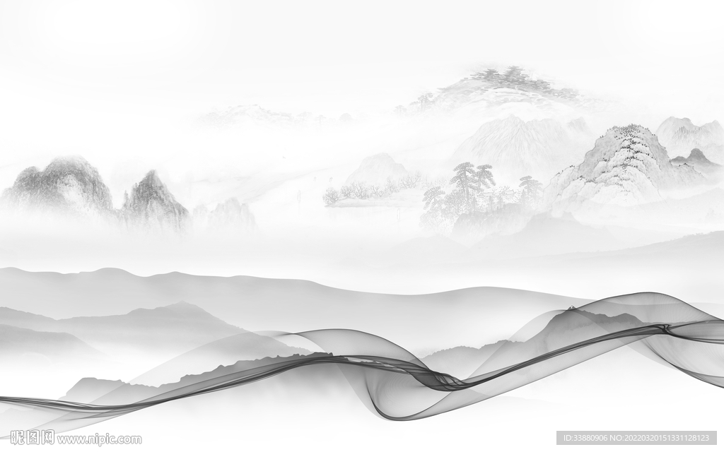 线条 灰色山水框画 tif分层