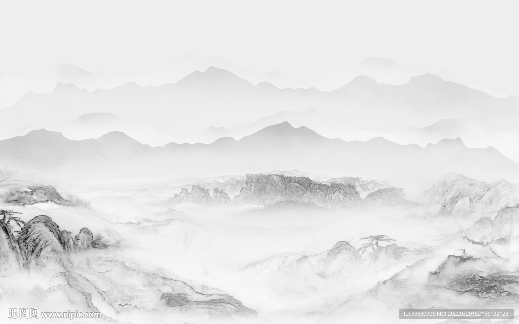 人气灰色山水框画 tif分层