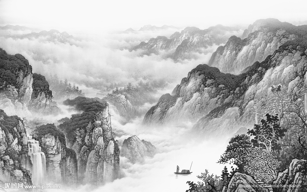 高端 灰色山水框画 tif分层