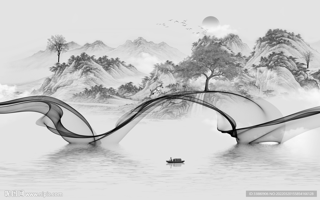 中式灰色山水框画 tif分层