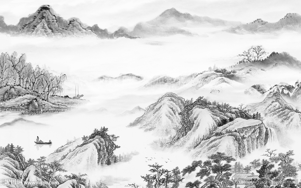 大气灰色山水框画 tif分层