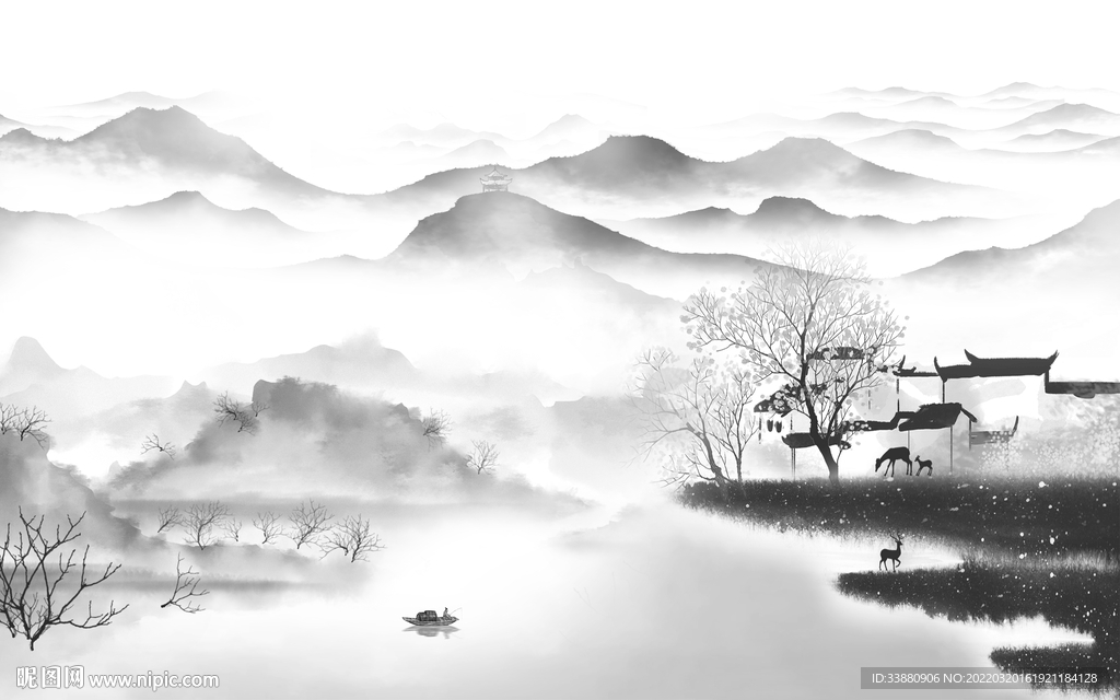 江南客厅灰色山水 tif分层