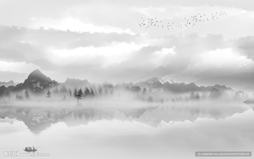 高档灰色山水框画 tif分层