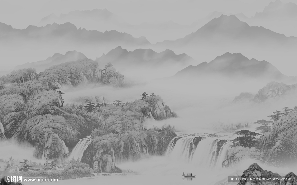 高端客厅灰色山水 tif分层