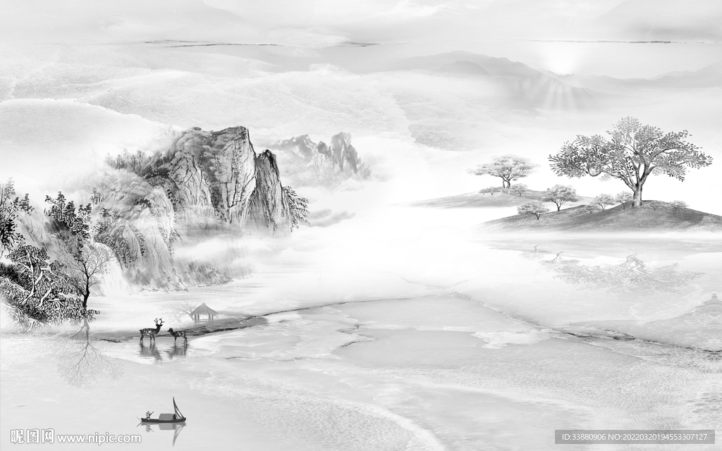 高清 客厅灰色山水 tif分层