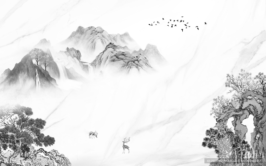 新中式最新灰色山水 tif分层