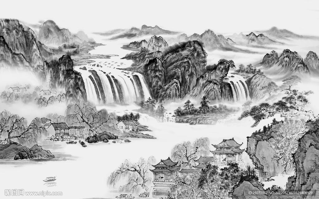 中式最新灰色山水 tif分层