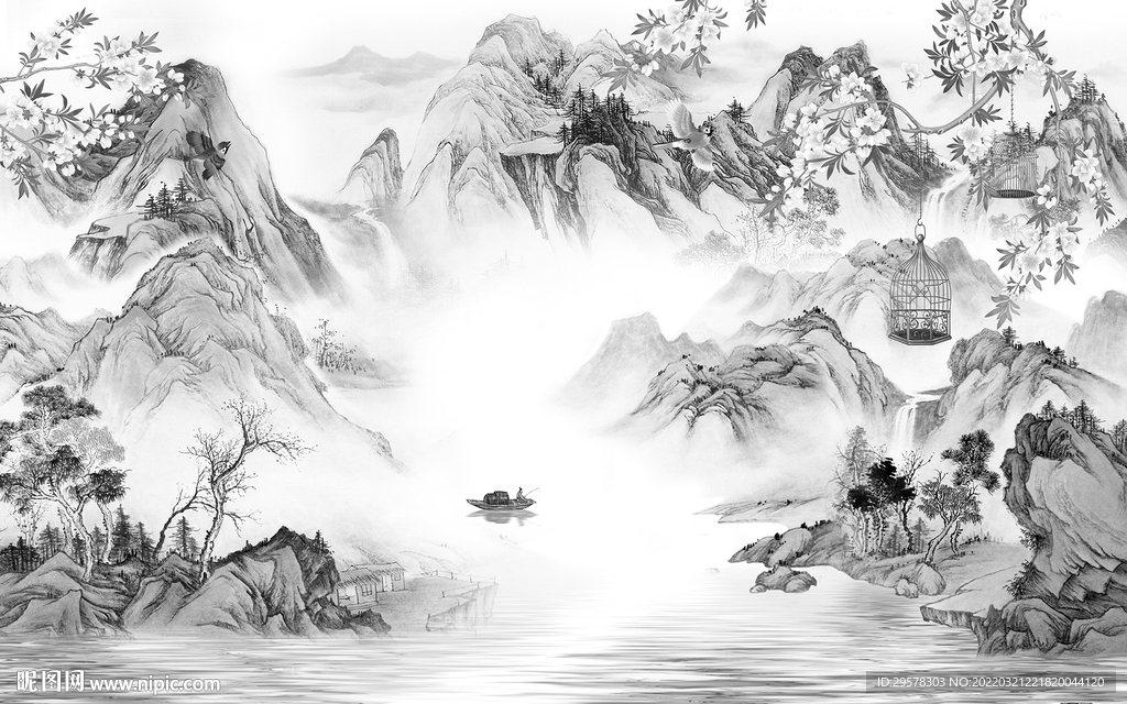 中国风背景别墅山水 TIF分层