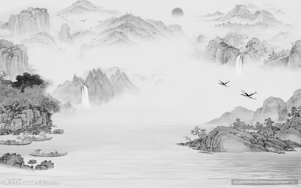 灰色 背景别墅山水 TIF分层