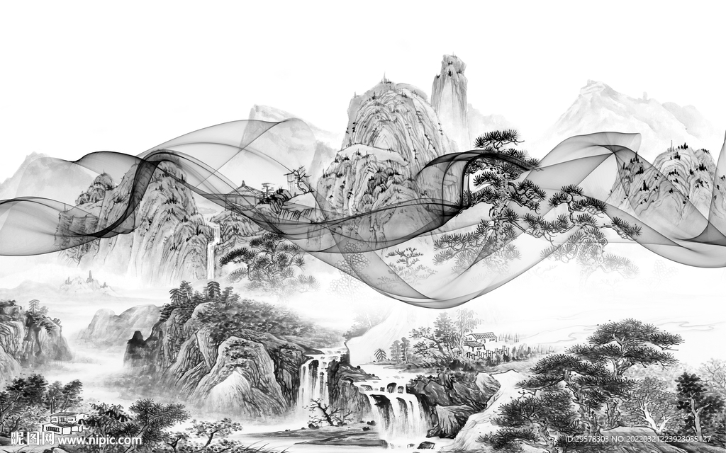 国画背景别墅山水 TIF分层