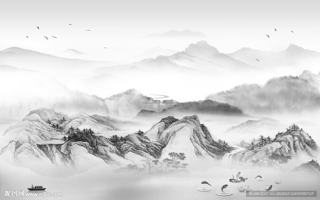 灰色背景墙山水图 TIF分层