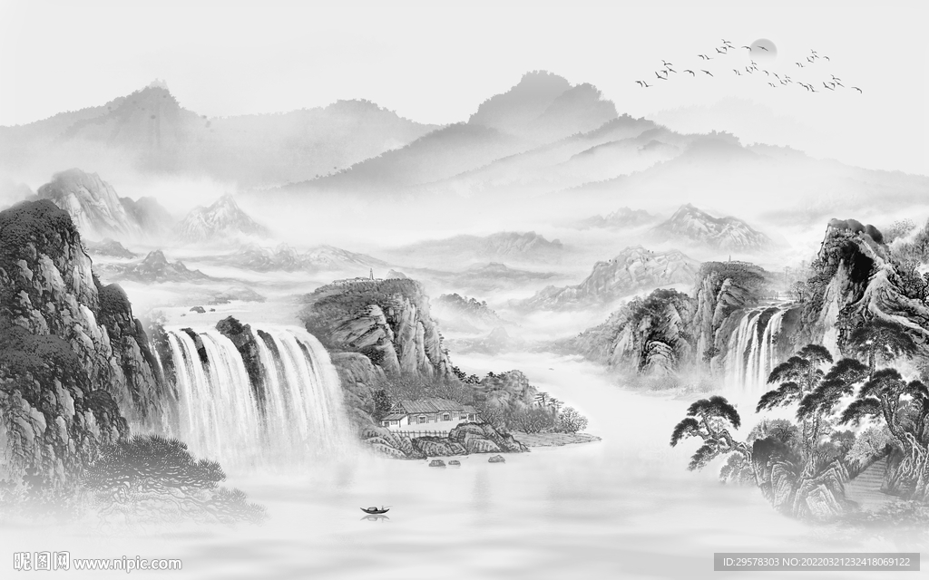 中国风灰色新山水画 TIF分层