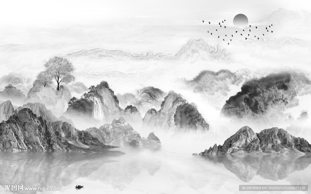 新中式灰色新山水画 TIF分层