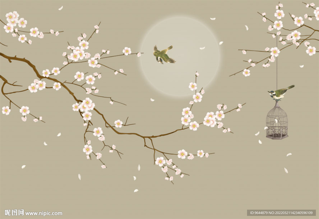 新中式手绘工笔花鸟壁画背景墙