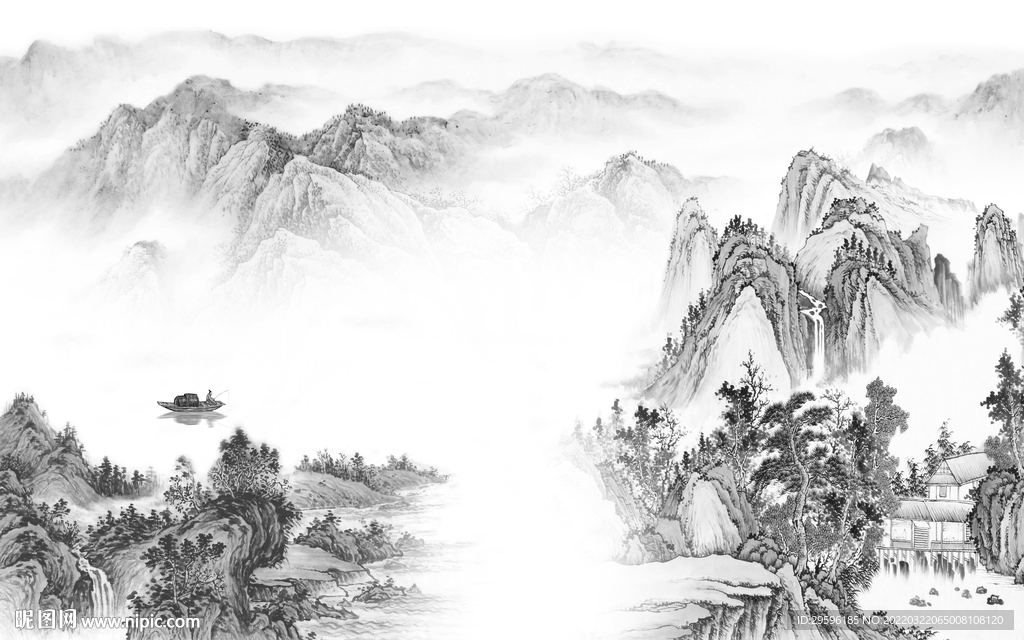 国画灰色新品山水 TIF分层