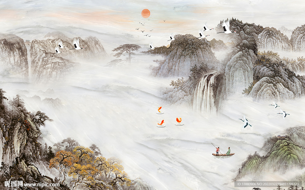 背景墙中式最新山水 tif分层