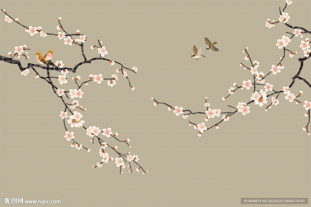 新中式手绘工笔花鸟背景墙