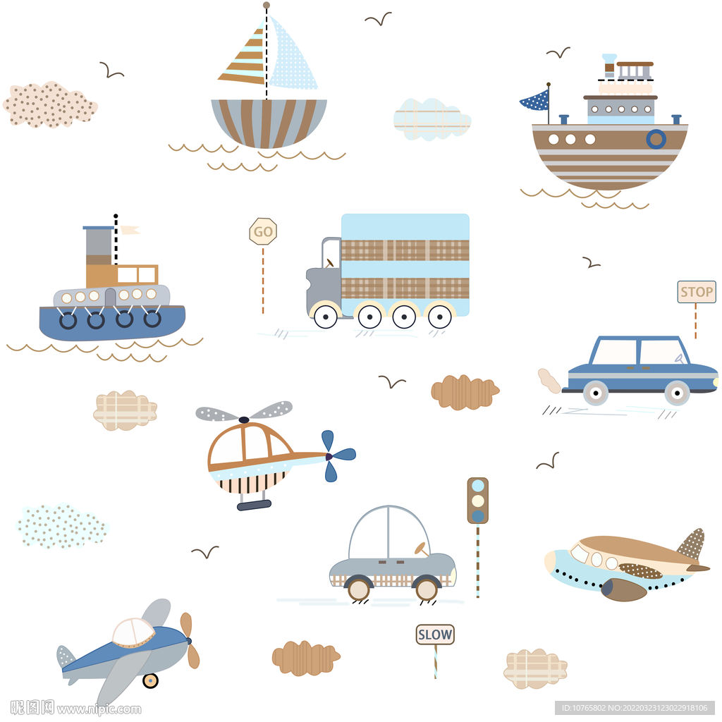 卡通彩小船儿童房壁画可无限循环