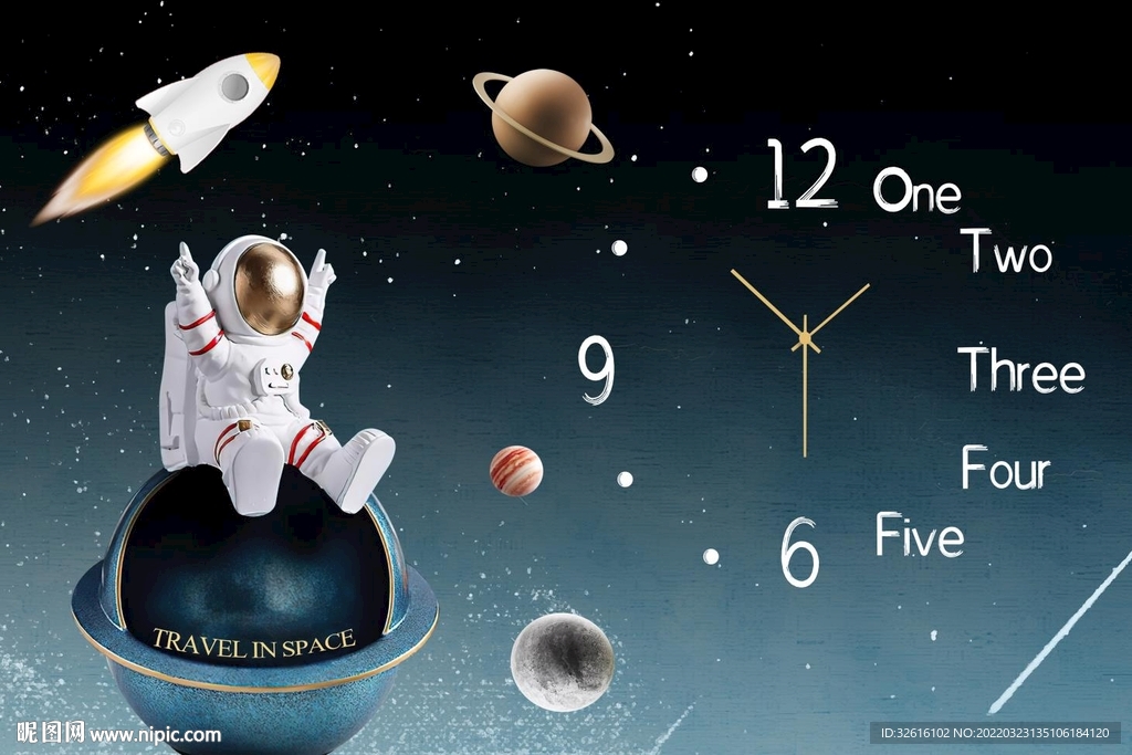 太空卡通儿童房钟表装饰画