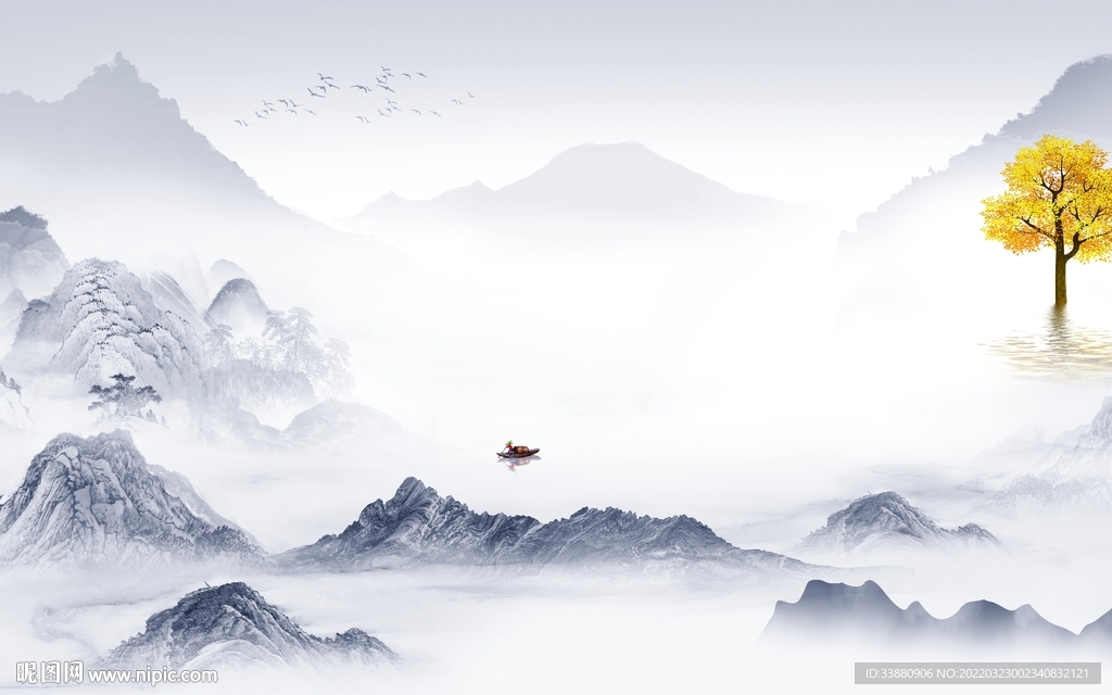 别墅新款山水墙画 tif分层