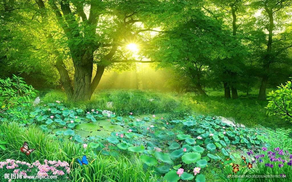 荷花流水瀑布自然风光壁画背景墙