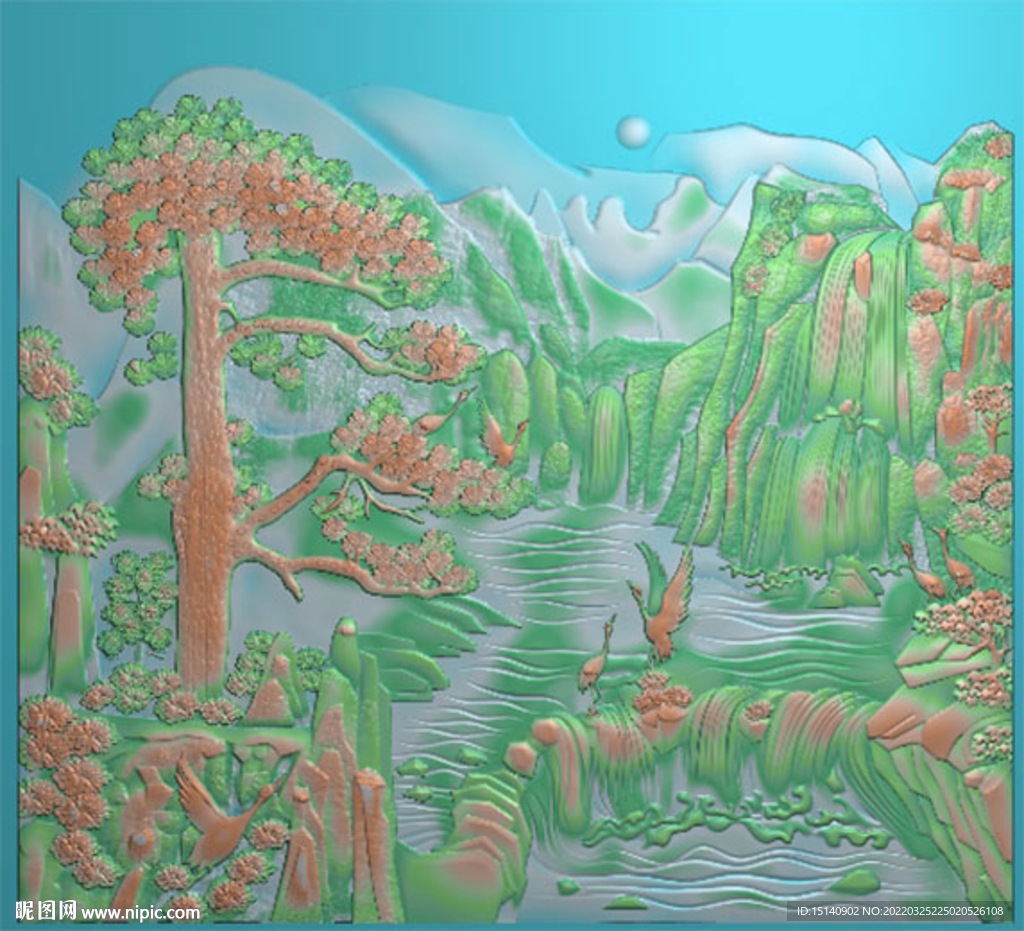 新品 精品松鹤 山水精雕图