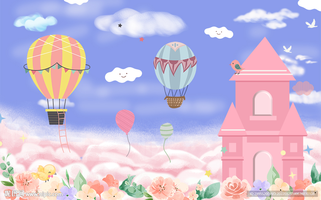 天空城堡热气球背景墙